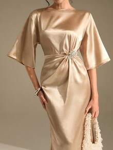 CLARA VERO Women's Satin Rhinestone Decor Asymmetrical Ruffle Hem Dress - Champagne - View 1