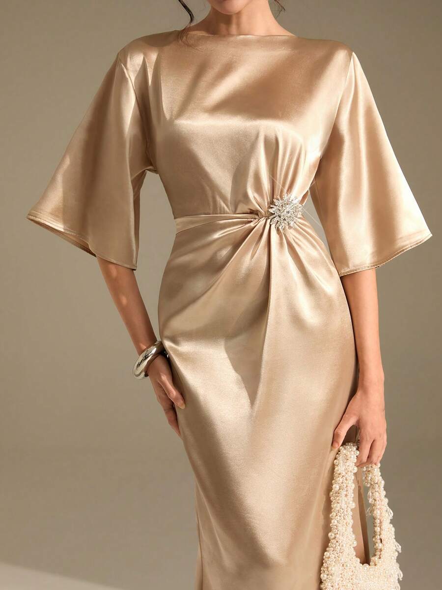 CLARA VERO Women's Satin Rhinestone Decor Asymmetrical Ruffle Hem Dress - Champagne - View 1