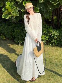 DAZY Bộ đồ nữ thường ngày kiểu dáng đi nghỉ mát, gồm áo dài tay và chân váy, chất liệu vải dệt họa tiết, thích hợp cho mùa thu hè. - trắng - Xem 6