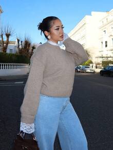 NegzBox Autumn New Loose Casual Lace Patchwork Women Sweater - Brown - View 4