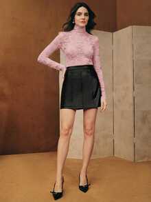 Casual Women's Baby Pink Semi-Sheer Lace Top, Stand Collar Long Sleeve With Elegant Plant Pattern And Rib-Knit Details - Baby Pink - View 5