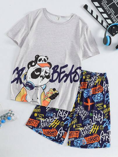 Bộ 2 món đồ mặc nhà thoải mái cho bé trai tuổi teen, gồm áo thun ngắn tay và quần short in hình hổ màu xám.