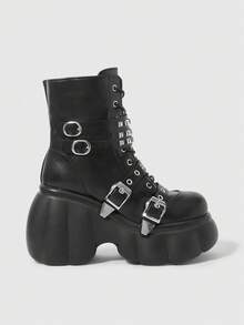 ROMWE Grunge Punk Women Heeled Sandals~ 2026 New Fashion Autumn And Winter Punk Style Black PU Round Head Wedge Heel Thick Bottom Rivet Metal Buckle Front Zipper Buckle Small High Heel Riding Boots Spice Girls Short Boots - Black - View 3