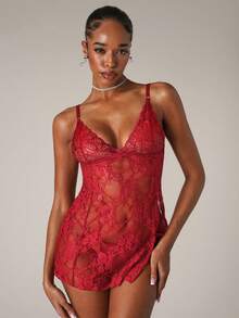 SHEIN BAE 2pcs Set Burgundy Sexy Lace Slit Nightgown For Going Out - Burgundy - View 4
