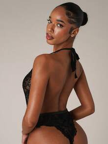 SHEIN BAE Floral Lace Plunging Neck Bow Front Teddy Bodysuit Lingerie Bow Tie, Baddie Look - Black - View 2