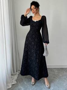 Modelyn Women's Elegant Black Random Print Long Dress With Square Neck Bishop Long Sleeves And Flared Hem For Special Occasions Elegant Dresses For Women - Black - View 4