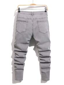 Manfinity Roughcore Men's Solid Color Belted Ripped Fashionable Versatile Casual Jeans - Dark Grey - View 2