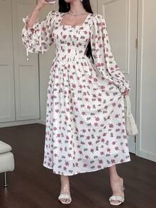 DAZY Women's Elegant Floral Print Square Neck Mid-Length Dress, Spring/Summer Wedding Guest Dress - Pink - View 6