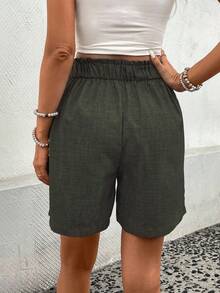 EMERY ROSE Pleated Pocket Casual High Waist Loose Versatile Shorts - Olive Green - View 2