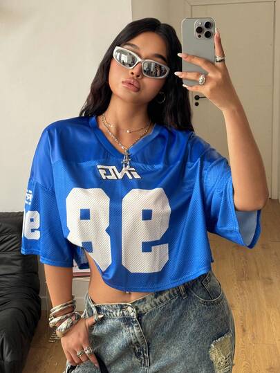 Coolane Camiseta corta versátil con estampado de letras de jersey de fútbol vintage de estilo callejero de verano para mujer de talla grande, estilo Y2K Blokecore