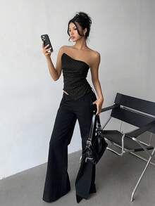 Aloruh 女士秋冬新款通勤日常外出收腰紧身不对称褶皱条纹深灰色上衣 - 黑色 - 查看 7