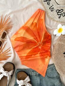 SHEIN Teen Girls' Summer Vacation Orange Floral Print Asymmetric Ruffle Hem Fitted Camisole - Orange - View 1