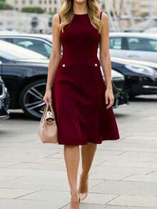 Ellevyn Angola Red Sleeveless Waist Cinched Dress, Elegant For Commuting, Office Dress - Burgundy - View 8
