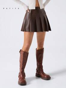 Women's Fashionable Vintage PU Leather Pleated Mini Skirt, Summer - Coffee Brown - View 3