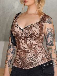 Arliah Women's Leopard Print Contrast Lace Cap Sleeve Tee, Fashionable For Summer Leopard Print Top Women Dressy Tops Brown Top Gothic Top Lace Trim Top - Multicolor - View 4