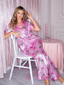 Cute Cat Animal Print Pajamas, Lovely Heart Design Satin Lapel Sleepwear Set For Women - Multicolor - View 6