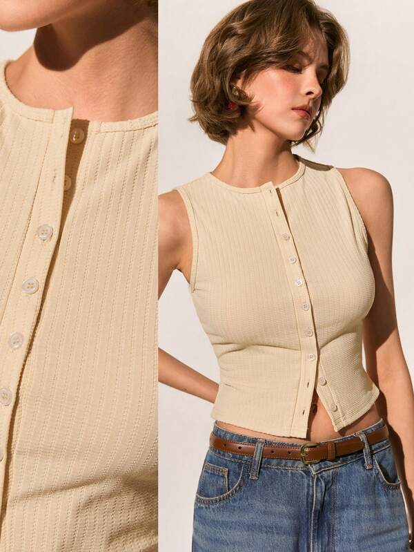 Poéselle Women's Casual Everyday Commute Simple Solid Color Ribbed Knit Single-Breasted Fitted Cropped Vest, Summer,Thickened High-Stretch Comfortable Fashion Knitted Jacquard Fabric, Casual Basic Style, Suitable For Daily & Office Wear