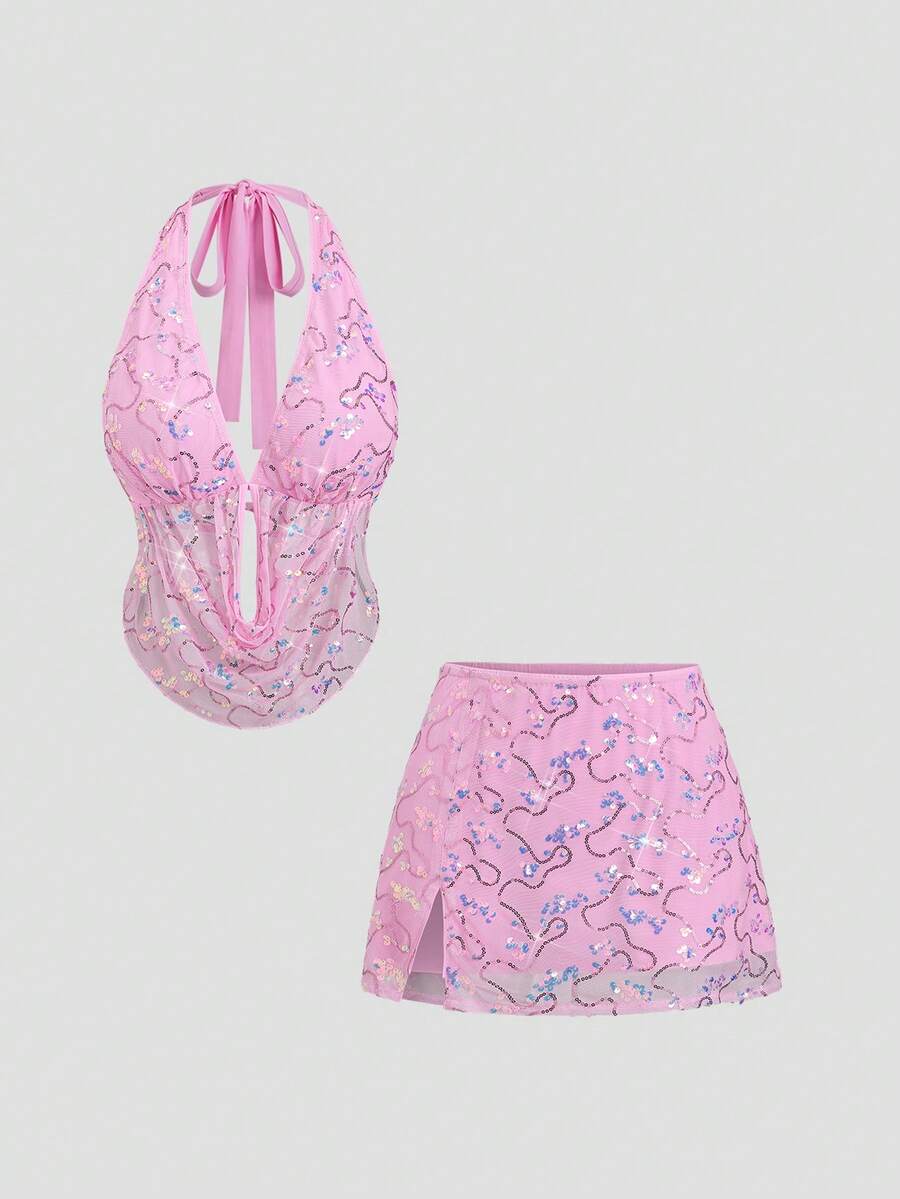 Sweetra 优雅亮片装饰露背吊带上衣和A字迷你裙套装，时尚夏季度假风女装 - 粉色 - 查看 1