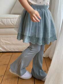 DAZY Young Girl Elastic Waist Mesh Patchwork Ruffle Hem 2 In 1 Pants - Blue - View 2