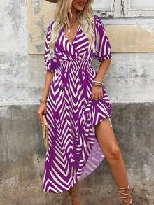 SHEIN Holidaya New Contrast Color Geometric Print V-Neck Ruched Waist Flared Hem Dress For Women, Suitable For Commuting And Vacation, Autumn - Purple - View 6