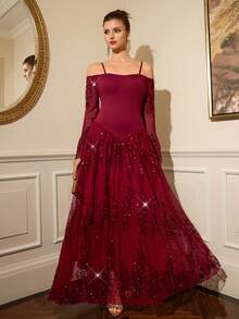 Modelyn Elegant Off-Shoulder Sequin Patchwork Long Sleeve Dress, Luxury Shiny Formal Party Gown For Women - Burgundy - View 6