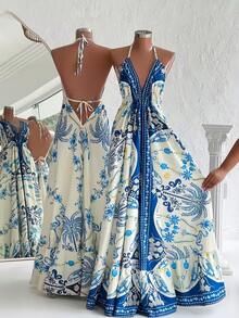 Franclia 女士优雅度假吊带露背系带V领印花连衣裙，适合旅行和海滩，夏季 - 藍色 - 查看 2