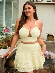 Swim Mod Plus Size Women Summer Beach Textured Ring Connected Sexy Halter Bikini Set - Pale Yellow - View 4