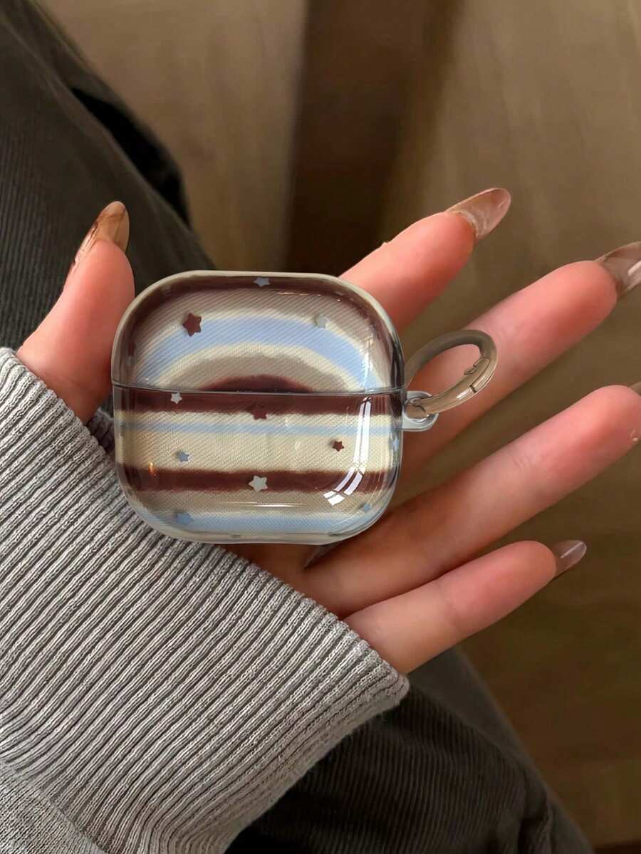 Retro Transparent Blue & Brown Star Circle Earphone Case Compatible With Apple Pro 3/2/1 & 4/3/2, Fashionable Minimalist Women Cover Autumn Winter - Multicolor - View 1