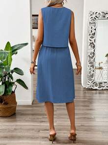 EMERY ROSE Women's Solid Color Button Design Round Neck Tank Top And Skirt Casual 2 Pieces Set - Blue - View 2