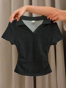 Áo thun ngắn tay ôm dáng eo rút tối giản cho bé gái tuổi teen, kẻ sọc đen trắng xám đậm, phong cách casual thời trang, dễ mặc thoải mái, phù hợp mặc hàng ngày mùa xuân hè, phong cách thanh lịch nhẹ nhàng, phóng khoáng, chill - Nhiều màu - Xem 3