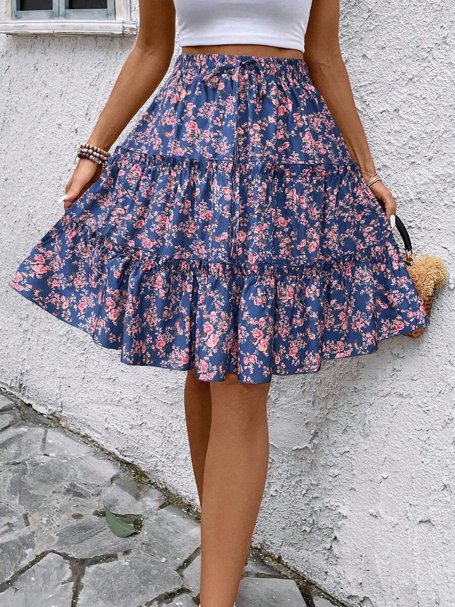 SHEIN LUNE Women's Floral Print Mini Skirt (Random Print) - Navy Blue - View 1
