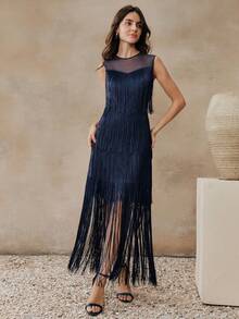 Anewsta Đầm dài dáng ôm không tay cổ tròn, nhiều lớp, bất đối xứng, đính tua rua, dành cho nữ, thích hợp cho kỳ nghỉ và tiệc bãi biển. - Màu xanh hải quân - Xem 4