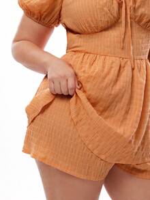 Solavibe Women Plus Size Orange Summer Boho Holiday Romper,Casual Square Neck Puff Sleeve Jumpsuit,Waist Cinching A-Line Layered Ruffle Hem Textured Fabric - Orange - View 9