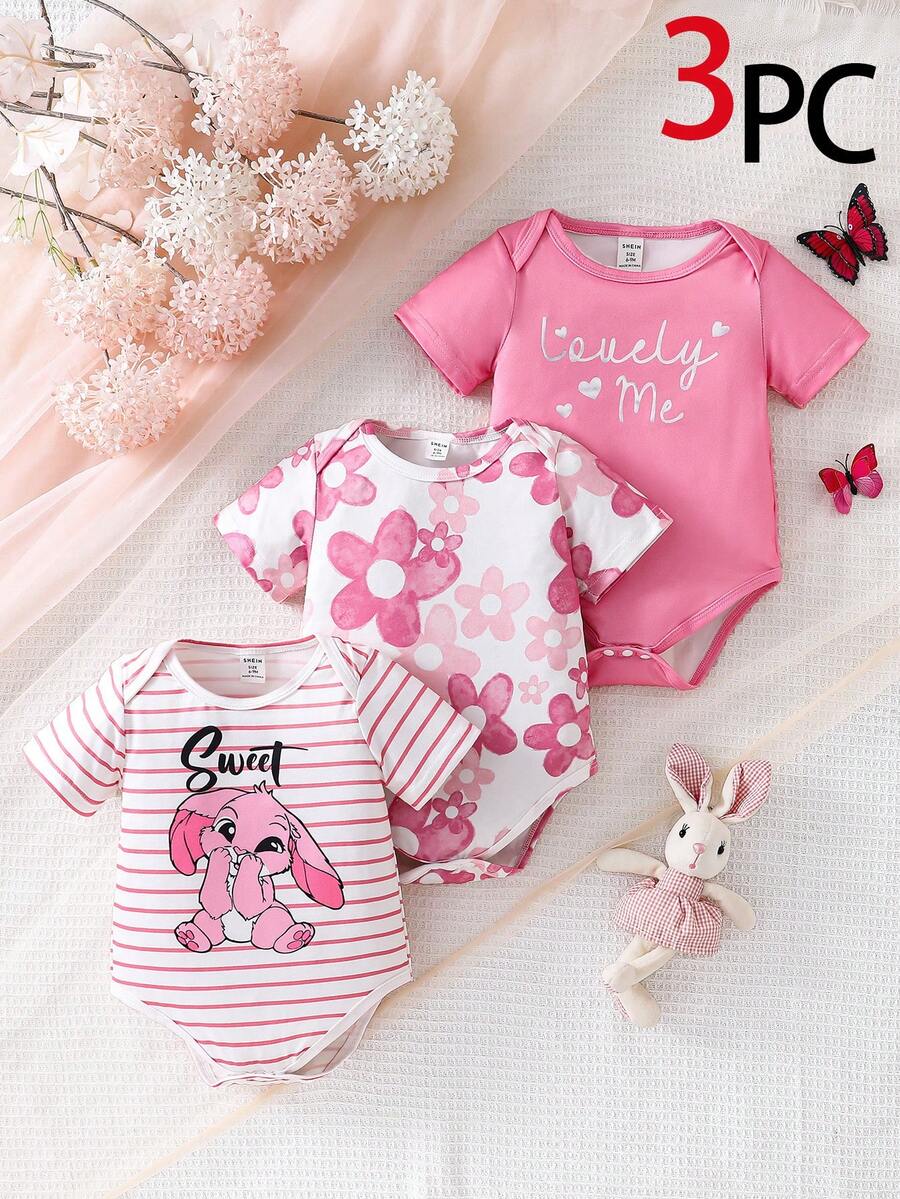 SHEIN 3pcs Baby Girls Cute Pink Rabbit Striped Floral Print Short Sleeve Romper, Suitable For Everyday Wear, Spring/Summer - Multicolor - View 1