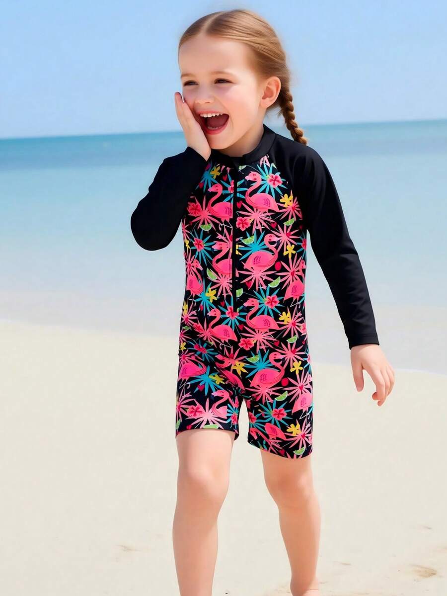 SHEIN 女童火烈鸟印花连体泳衣,带拉链、长袖、防晒,适合海滩穿着 - 彩色 - 查看 1