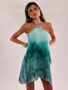 SHEIN BAE Đầm hè thời trang nữ hở lưng, cổ yếm, không tay, phối màu tương phản - màu xanh lá - Xem 5