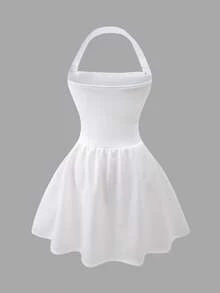 SHEIN Girlism Tween Girls Casual Elegant White Beaded Detail Knit Spaghetti Strap Snug Fit A-Line Mini Dress, Waist Cinched, Suitable For Valentine's Day Party, Outing, Back To School Outfit - White - View 2