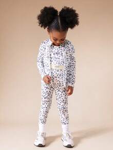 SUMWON Leopard Print Girls Crop Top And Legging Set With Zip Front Jacket Activewear Co-Ord - Light Grey - View 1