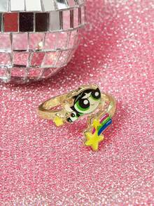 THE POWERPUFF GIRLS X SHEIN Cross-Border Hot-Selling Zinc Alloy Cartoon Pattern Printing Ring, Niche High-End Sense, Simple And Cute, Suitable For Various Parties, Concerts, Festivals - Gold - View 3