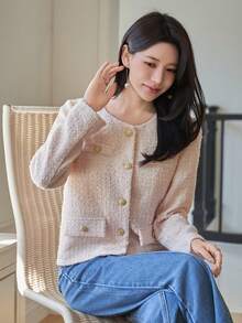 DAZY 女士优雅圆领假口袋常规款外套，春季 - 粉色 - 查看 6