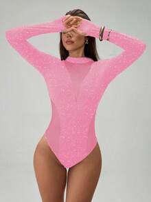 Almamuse Body de mujer de manga larga con cuello redondo, parches de malla metálica brillante y transparente - Rosa - Ver 6
