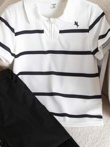 SHEIN 2pcs Boys' Outfit, Summer New Fashion Casual Elegant Striped Print Half-Zip Polo Shirt + Solid Black Straight Leg Pants Set, Suitable For Daily Outings, Gatherings, Commuting, Business Events, Summer - Black and White - View 6