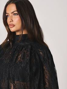 MISSGUIDED Black Lace High Neck Blouson Sleeve Blouse With Ruffle Trim And Sheer Overlay Design - Black - View 4