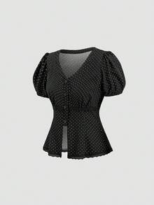 Sweetra 女士春夏新款设计感高街优雅波点复古纹理高端简约修身泡泡袖衬衫 - 黑與白 - 查看 1