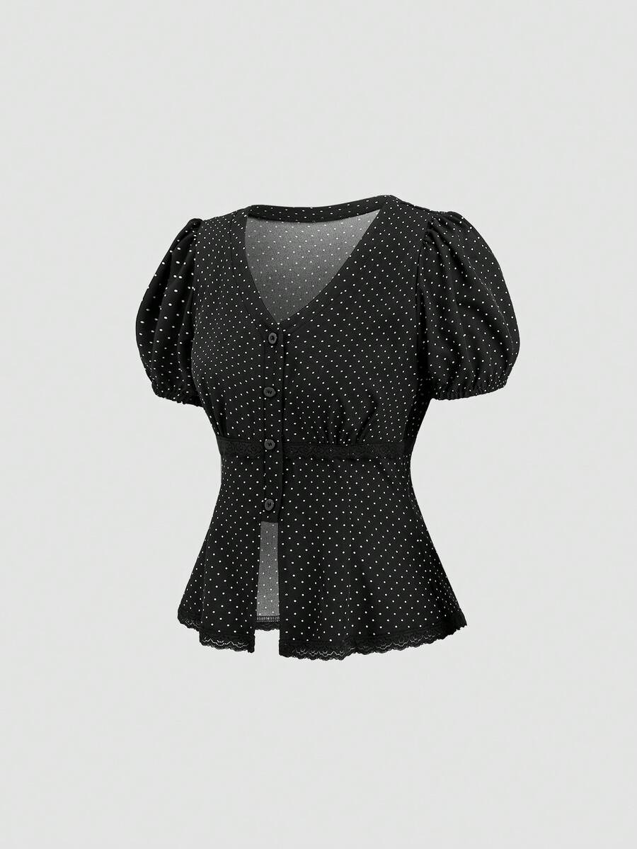 Sweetra 女士春夏新款设计感高街优雅波点复古纹理高端简约修身泡泡袖衬衫 - 黑與白 - 查看 1