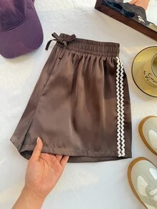 少女夏季休闲时尚运动抽绳腰带撞色波浪带侧边宽松短裤 - 棕色 - 查看 2