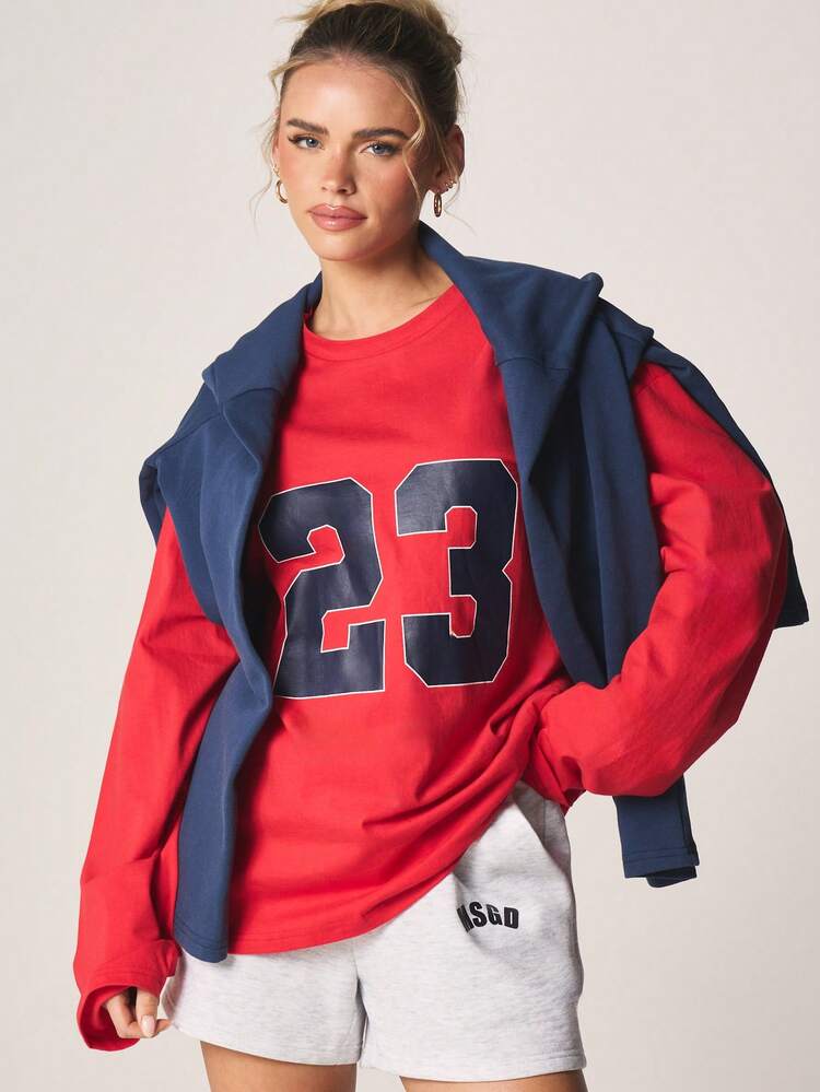MISSGUIDED Women Long Sleeve Oversized Red Crewneck Top With Large Number Print Casual Fall Winter Streetwear