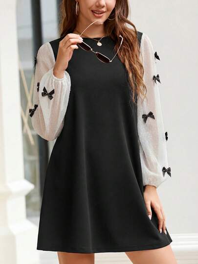 SHEIN Clasi 女士时尚优雅撞色长袖蝴蝶结连衣裙