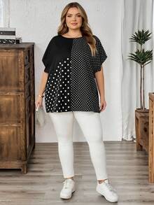 SHEIN CURVE+ 大码女式波点印花拼接蝙蝠袖衬衫 - 黑與白 - 查看 5
