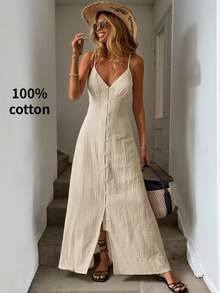 Easowa 100% 纯棉柔软舒适白色女士度假连衣裙 - 杏色 - 查看 1